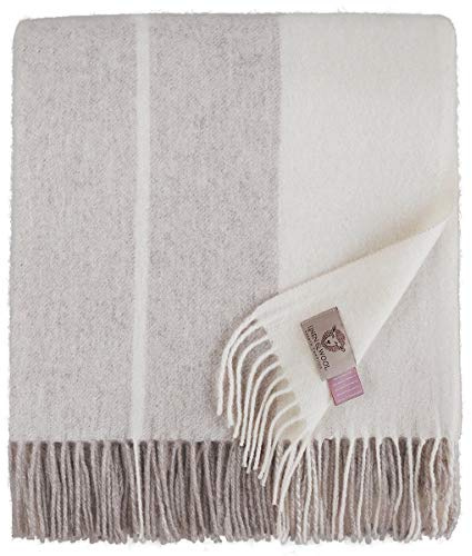 Linen & Cotton Flauschige, Anschmiegsame und Warme Decke Wolldecke Merino Wohndecke Gestreift Anna mit Fransen - 100% Weicher Merinowolle, Grau/Creme (140 x 200 cm) (Beige/Milch-weiß)