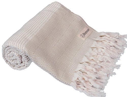 Bersuse 100% Algodón - Hierapolis Toalla Turca - Fouta Peshtemal Toallas de Baño Grandes - Diseño de Diamante, Oeko-Tex - 95 x 175 cm, Beige