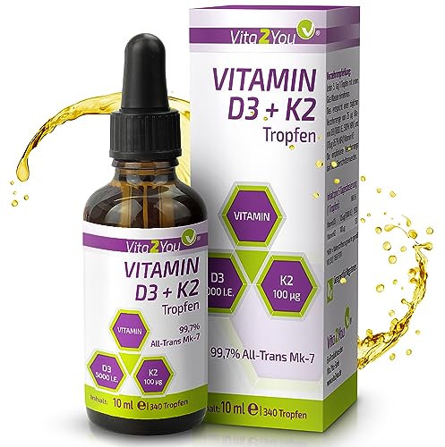 Vita2You Vitamin D3 + K2 Tropfen - Vitamin D3 5000 IE - Vitamin K2 100µg pro Tropfen - K2VITAL - MK-7-99,7% All-Trans - MCT-Öl - Premium Qualität - Made in Germany