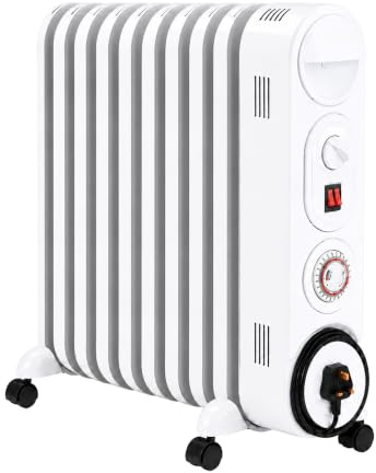 MYLEK Oil Filled Radiator Heater Electric, Portable 2KW White, Thermostat and 24hr Repeat Timer, 3 Heat Settings, Unique Safe Panel Fin Design (2000W White)