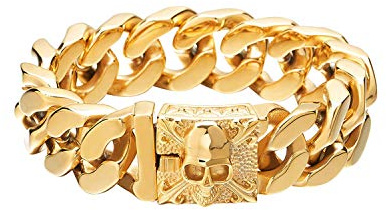 JewelryWe Schmuck Großes Edelstahl Panzerkette Armband Herren mit Fleur de Lis und Schädel, Biker Gotik, Poliert, Silber/Schwarz/Gold