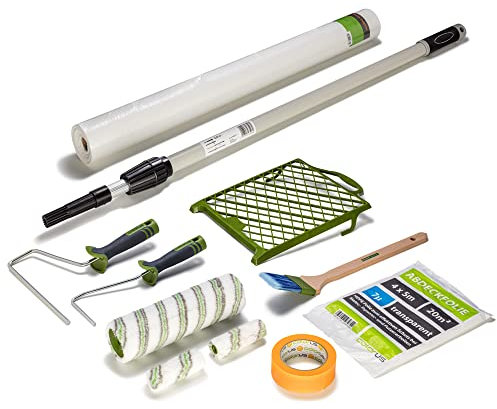 Premium Maler Set Wohnung 11 tlg | Maler-Set Farbroller Teleskopstange | Malerrolle Farbrolle Set | Abdeckvlies selbsthaftend | Heizkörperpinsel Abdeckfolie Malerband Abstreifgitter Steckbügel