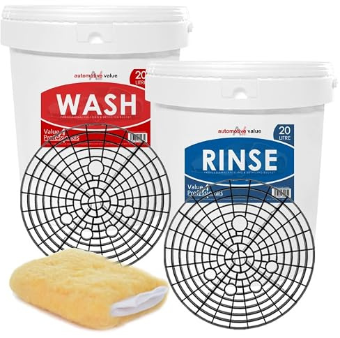 2 Car Wash Buckets & Bucket Barriers - 2 Bucket Wash Method/System - Swirl Free Wash Solution - Wash Mitt - Wash & Rinse Label