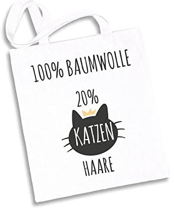 Tassenbrennerei Katzen Baumwolltasche mit Spruch 100% Baumwolle 20% Katzenhaare - Einkaufstasche lustig Geschenk für Katzenliebhaber (Weiß)