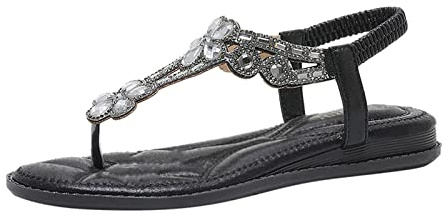 Momolaa Women Sandals Summer Boho Casual Flat Sandals Elastic Ankle Thong T-Strap Flip Flop Comfortable Beach Shoes Bohemia Sandal 7 15_Black