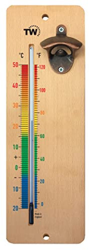 Décapsuleur mural de 380 mm avec thermomètre en bois pour la maison, le bar, la grotte, le pub, le jardin, la cuisine, le garage, la terrasse, l'intérieur et l'extérieur