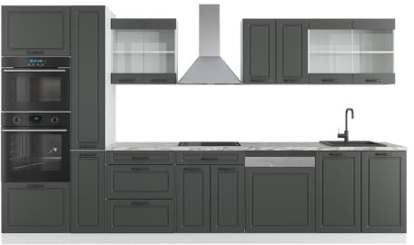 Vicco Küchenzeile R-Line, Anthrazit Landhaus/Weiß, 350 cm | 9 Module · Höhenverstellbare Füße · Ohne Arbeitsplatte · MDF-Fronten · Mit Backofen-/Mikrowellenschrank