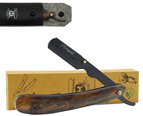 Haryali London Cut Throat Razor - Professional Cut Throat Razor Kit with Blades - Wooden Straight Edge Cut Throat Razor – Leather Pouch as a Protective Case – Sustainable Throat Cut Razor (Dark Wood)