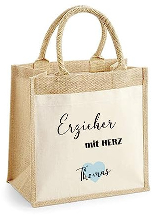 minimutz Geschenk Dankeschön Erzieher-in mit Herz | Jutetasche mit Baumwolle Erzieher-in mit Name personalisiert | Kleine Geschenk-Tasche Abschied Kita Kindergarten Erzieher mit Herz
