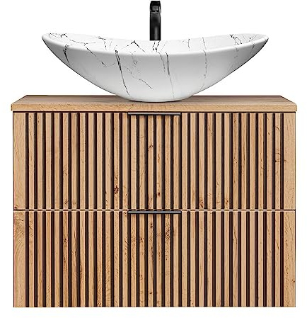 Lomadox Badmöbel Waschtisch Unterschrank 80 cm Keramik Waschbecken Aufsatzwaschbecken anthrazit mit Eiche Nb. schwarz gerillt B/H/T 80,6/73,7/46,5 cm