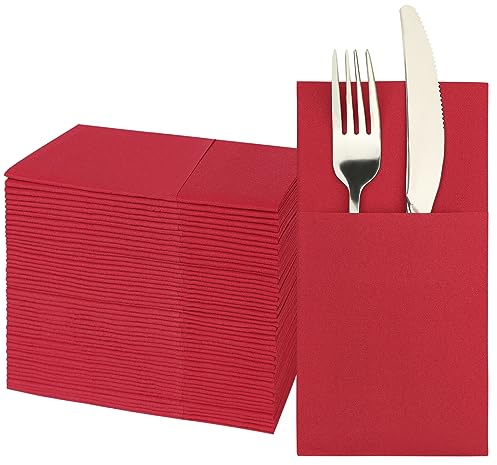 JEBBLAS Dinner Napkins with Built-in Flatware Pocket, Cloth Like Napkins, Linen-Feel Disposable Hand Napkins for Kitchen, Bathroom, Parties, Weddings, Dinners or Events, 16x16inches, Pack of 50,Red