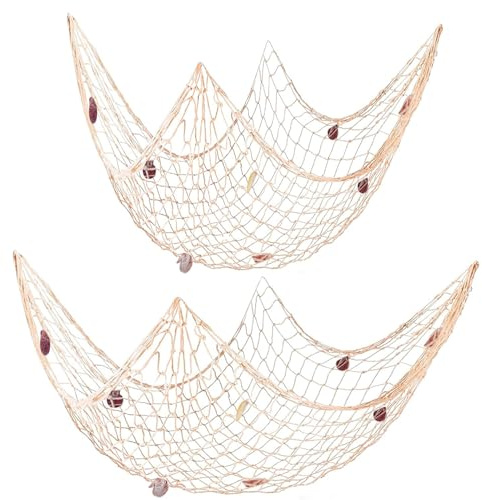 YULIAO 2 Stücke Fischernetz Deko mit Muscheln, Baumwolle Deko Fischernetz, Mediterranen Stil Fischerei Dekorative, für Party Home Wohnzimmer Schlafzimmer Dekoration (200x150cm & 200x100cm)
