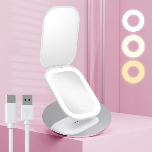 Benbilry Lighted Compact Travel Mirror with 3 Color Lights and Magnification 1X/3X, Ultra Slim Rechargeable Pocket Mirror for Purse, 2-Sided, Handheld, Folding, Portable, White | 3X Magnifying Mirror with Light, Rechargeable Pocket Mirror for Purse, 3 Color Lights, 2-Sided, Handheld, Folding, Portable