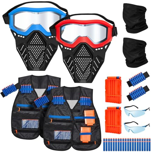 Motionchic 2 Sets Kids Tactical Vest Kit Tactical Mask for Boys Girls Face Protective Shooting Game Party Series