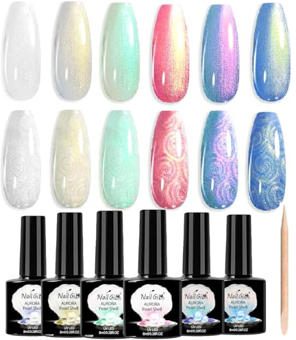 Perlmutt nagellack, 6 Farben UV Gel Nagellack Pearl Effekt, Aurora Schimmer Pearl Gel Nail Polish, Glitzer Gellack UV Lampe Nagellack Swirl Shell Thread Perlmutt schillernder Effekt