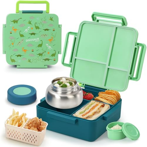 Norxely Bento Box for Kids with Thermos, [Large Capacity] Insulated Kids Lunch Box with 4 Compartment for Ages 3+, Drop-Proof & Dishwasher Safe Lunchbox Container Green