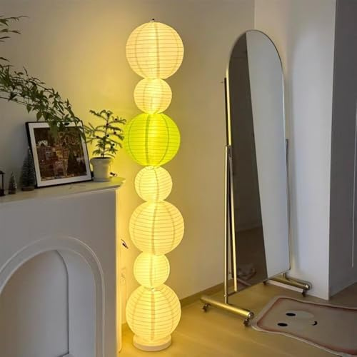 OKSANO Elegante DIY Papier Laterne Stehlampe Minimalistische faltbare Papier Nachttisch Stehlampe Bodenbeleuchtung für Schlafzimmer, Wohnzimmer dekorative Bodenbeleuchtung (weiß+grün)