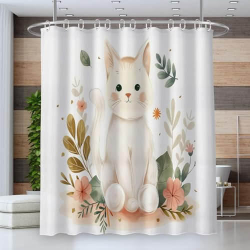 ZISTRCBAO Duschvorhang Anti-Schimmel,120 * 180cm Wasserdicht Antibakteriell Vorhang für Dusche und Badewanne für Kinder,3D Süße Katze Blätter Pflanzen,inkl 12 Duschvorhangringen
