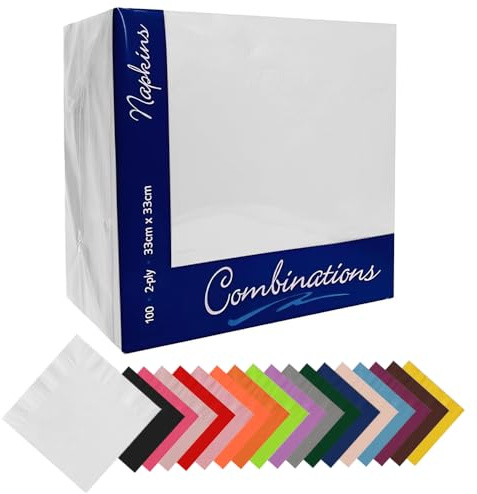IZMAH 100 x Disposable Paper Napkins 33cm x 33cm 2Ply White Combination Recyclable Serviettes Tissue for Catering Supply Tableware Weddings Parties