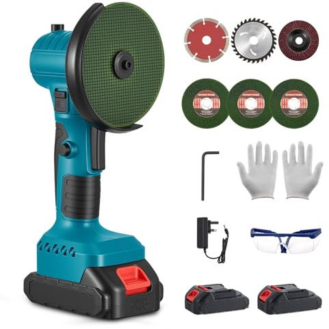 21V Cordless Angle Grinder with 180° Head Angle Adjustable, Power Mini Angle Grinder 19500RPM Brushles Motor with 2X 2.0Ah Batteries, 6PCS 76mm Disc, for Cutting, Grinding, Polishing, Sanding
