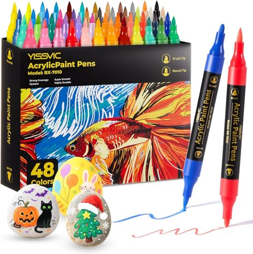YISSVIC Pennarelli Acrilici Doppia Punta 48 Colori,Punta Fine e Pennello,Indelebili e Impermeabili per Sassi/Ceramica/Legno/Tessuto–Ideale per Bambini e Adulto,Atossici,Inodori ad Asciugatura Rapida