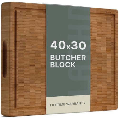 LARHN End-Grain Bamboo Butcher's Block & Chopping Board - 40x30x4cm | Gentle on Knives, Juice Groove, Recessed Handle, Pre-Oiled, Reversible, Plastic-Free, for Carving & Cutting Meat, Veg, Bread