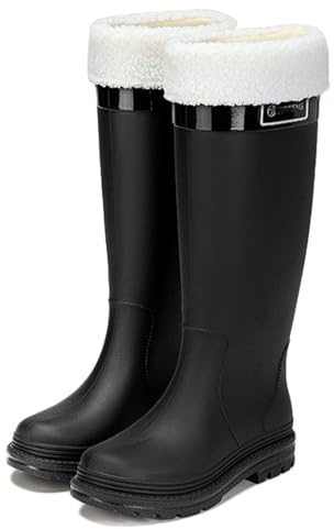 ZZTWER Non-Slip Winter Warm Boots, Women's High-Top Fleece-Lined Rain Boots Waterproof Fashion Outdoor Shoes Wellies(Nero,7 UK)