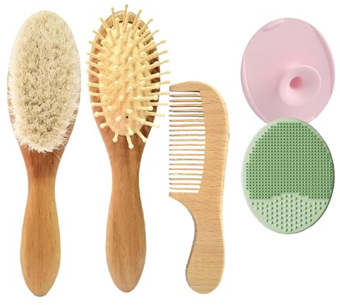 5Pcs Soft Baby Brush Set, Toddler Hair Brush and Cradle Cap Comb, for Gentle Scalp Care Natural Wooden Handle Suitable for Newborns Toddlers Baby Grooming Essentials