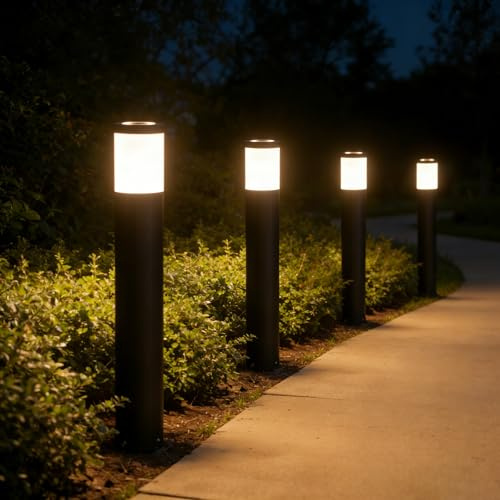 JNR 4 Pack Edelstahl Wegeleuchten Außen mit Erdspieß 230V, Schwarz | IP65 Wasserdicht, Höhe 500 mm inkl GU10 5W 3000k warmweiß LED Glühbirne, Gartenbeleuchtung, Gartenlampen, Gartenleuchten