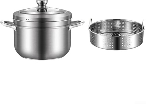 QuivyLivy Olla de vapor con tapa de vidrio y cesta de vapor, sartén plateada de 22 cm para estufas de gas y eléctricas, utensilios de cocina de estilo japonés para cocinar al vapor y hervir