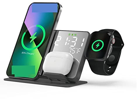 Caricabatterie senza fili Caricabatterie wireless 4 in 1 for telefono Sveglia digitale LED da tavolo a ricarica rapida Dock Station da 15 W