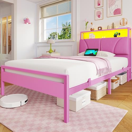 Brinlawb Lit Fille 90x190 cm avec Éclairage LED et Multiprise (2 Prises AC et 2 Ports USB) Cadre de Lit 90x190 avec Sommier Métal, Lit Enfant 90x190 cm, Facile à Assembler, Rose (Matelas Non Inclus)