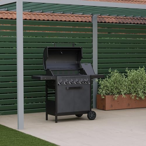 CHARLES BENTLEY ottimo 420 6-Burner Gas BBQ With Built-In Thermometer, Cast-Iron Cooking Grids, Griddle Plate, Side Burner, Matt-Grey Powder-Coated Finish & Storage Cabinet (135 x 58 x110cm)