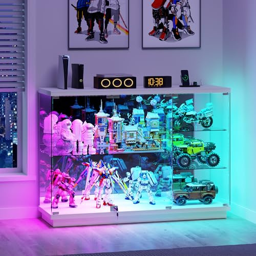 3-Lagen Glasvitrine mit RGB Beleuchtung und Glastüren für Wohnzimmer,Weiß | Glas Vitrinenschrank mit Intelligente Sensorik für Schlafzimmer