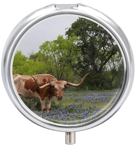 Longhorn Steer and Bluebonnets – Pilulier rond portable à 3 compartiments, exquis pilulier en métal avec fermeture à pression, boîte de rangement pour tablette pour sac à main, poche, voyage et
