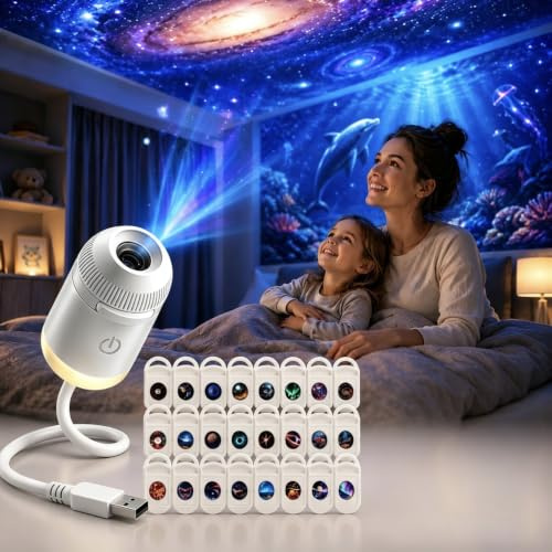 Projecteur HD Smart 5D holographique de nuit, mini USB Galaxy Star Light Projecteur avec 24 disques de film, rotation à 360 °, éclairage d'ambiance pour chambre à coucher, plafond, voiture, toit