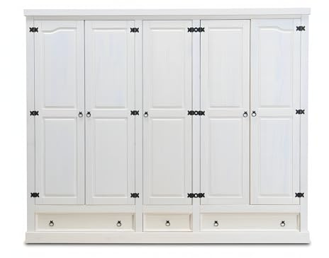 Hacienda-Look – 5trg massiv Kiefer Mexico Kleiderschrank New Mexiko Schlafzimmer-Schrank weiß – H196 x B244 x T58 cm – 3 Schublade(n) – Massive Kiefer – Farbe Weiß – Hacienda-Stil – wärmender