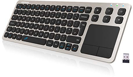 Arteck 2.4G Wireless Touch TV Keyboard with Easy Media Control and Built-In Touchpad Solid Stainless Steel Ultra Compact Full Size QWERTY UK Layout Keyboard for TV-Connected Computer, Smart TV, HTPC