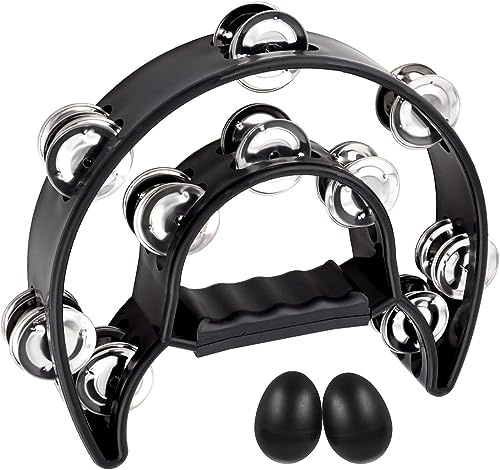 EastRock Half Moon Hand Tambourine with 20 Jingles, Double Cutaway Tambourine for Musicians Bands (16 Jingles, Black)