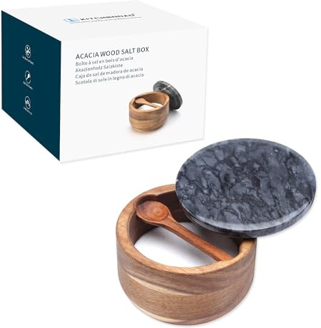 KITCHENDAO Große Holz-Salzbox mit integriertem Servierlöffel, Salzkeller, Gewürzbehälter, schwarzer Marmor-Deckel, massiver natürlicher Akazienboden, 10 OZ