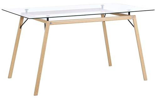 Beliani Mesa de Comedor Madera Clara Tablero de Vidrio Transparente 140 x 80 cm Industrial Moderno Kamina