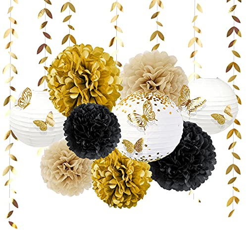 CENPEK Lot de 18 décorations de fête dorées en papier à suspendre, lanternes, pompons, fleurs avec papillon 3D, guirlande de feuilles dorées pour anniversaire, mariage, fiançailles, fête prénatale