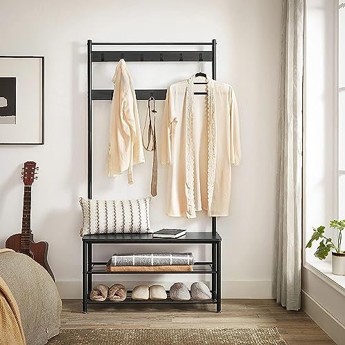 ACAZA 3-in-1 Garderobenständer mit Bank & Schuhregal – Flurmöbel aus Metall und Holz – Kleiderständer mit Sitzbank – 85 x 32 x 175cm - Schwarz