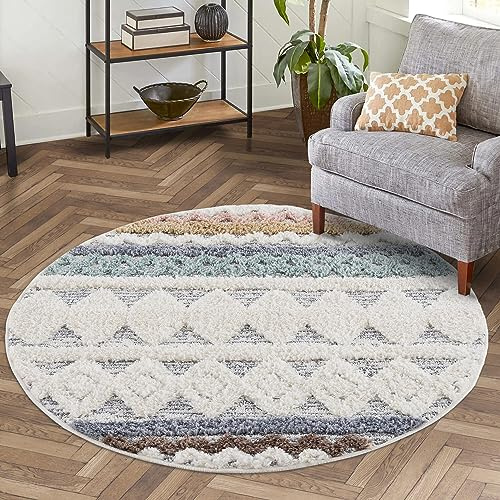 carpet city Teppich Hochflor Wohnzimmer - 160x160 cm Rund - Boho-Stil Ethno Creme Multi - Cut-Loop, Hochtief, 3D-Effekt - Shaggy Teppiche Flauschig-Weich Schlafzimmer Langflor