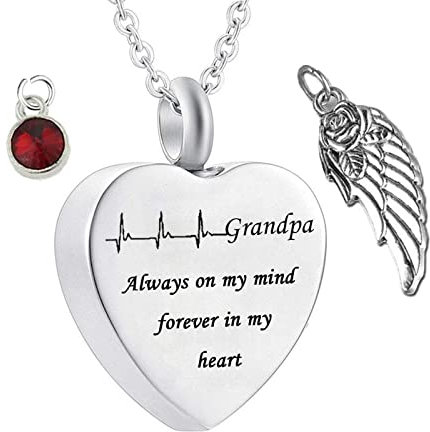 Homxi Anhänger Asche Hund Herz mit Juli Geburtsstein Angel Wing Gravur Grandpa Always on My Mind Forever in My Heart Anhänger Kette Edelstahl Anhänger Asche Rot