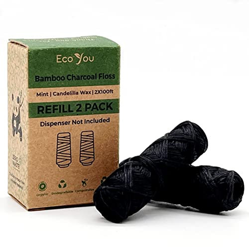 EcoYou Hilo dental de carbón de bambú, cera de menta y candelilla, vegano y biodegradable (paquete de 2 recambios)