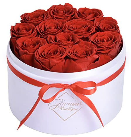 GLAMOUR BOUTIQUE Flowers Forever Gift Box, 12 Real Preserved Roses in Velvet Box, Floral Gift for Her, Mom or Wife for Birthday, Mother’s Day, Anniversary or Graduation, Red (Color-Treated)