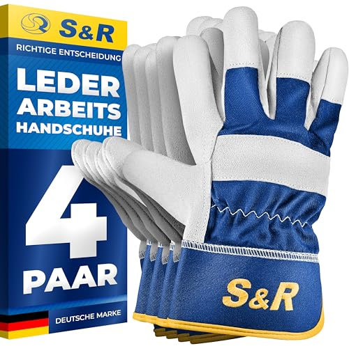 S&R Leder-Arbeitshandschuhe, 4 Paar, Größe XXL/11, Bau- und Gartenhandschuhe auch für Metall- und Forstarbeiten, Handwerk, Schutz-Handschuh flexibles Echtleder, weiches Innenfutter