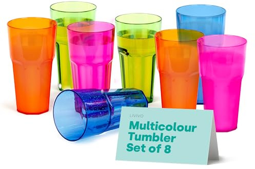 LIVIVO Set of 8 Plastic Tumblers - 600ml Plastic Cups Reusable, Stackable Design, BPA Free, Unbreakable Plastic Glasses - Clear Drinking Tumblers Adults and Kids - Ideal for Picnic, Camping and Party