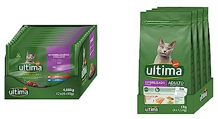 Ultima Comida Húmeda para Gatos con Buey y Atún, 12 x (4 x 85 gr), 4080g & Pienso para Gatos Esterilizados Adultos con Salmón 4 x 1.5 kg